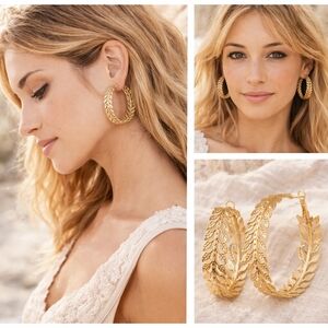 Nwt Jessica Simpson Large Gold Leaf Hoop Earrings Gold -tone
